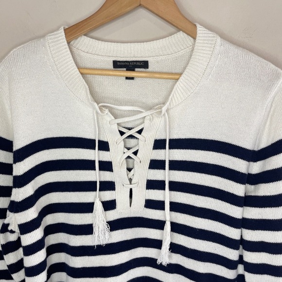 BANANA REPUBLIC 100% Cotton Sailor Stripe Tasseled Sweater, Large - Picture 2 of 6